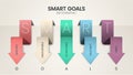 Smart Goals diagram infographic template with icons for presentation has specific, measurable, achievable, relevant and timed. Royalty Free Stock Photo