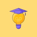 Smart graduation vector illustration. light bulb lamp with toga hat on top outline flat design
