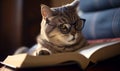 Smart grey striped cat wearing glasses reading a book. Cute domestic pet close up. Generative AI Royalty Free Stock Photo