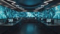 Smart grid control room interior with multiple large screens displaying abstract electricity visuals Royalty Free Stock Photo