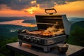 smart grill with smoke rising against sunset backdrop