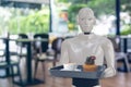 Smart handy dexterous chef robotic assistant in kitchen technology concept, robot  receive an order and cooking the recipe by prog Royalty Free Stock Photo