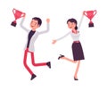 Smart happy businessman, businesswoman, business manager winning trophy cup Royalty Free Stock Photo