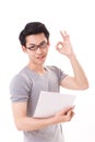 Smart, happy, smiling nerd or geek man showing ok hand sign Royalty Free Stock Photo