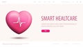 Smart healtcare, white banner with 3d heart and interface elements