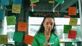 Smart hispanic businesswoman writes marketing ideas on glass board. Manipulator. Royalty Free Stock Photo