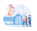 Smart home app with control system, eco house on the background and family posing