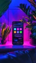 Smart Home App Interface in Neon Light Setting for Innovative Technology Promotion
