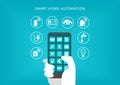 Smart home automation concept. Vector illustration of hand holding smart phone Royalty Free Stock Photo