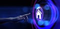 Smart Home automation wireless control IOT internet of things concept. Hand pressing button