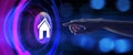 Smart Home automation wireless control IOT internet of things concept. Hand pressing button