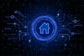 Smart home concept with glowing blue home symbol in abstract technological circle on dark digital backdrop Royalty Free Stock Photo