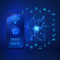 Smart home concept. Remote monitoring and control smart house from smartphone. House circuit and smart home function icons. Vector