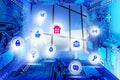 Smart home concept, with specific icons and abstract blue background from computer mother boards