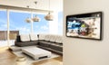 Smart home concept. Tablet with smart home controls on the wall of the house. 3D illustration Royalty Free Stock Photo