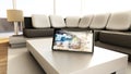 Smart home concept. Tablet with smart home controls on the wall of the house. 3D illustration Royalty Free Stock Photo