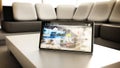 Smart home concept. Tablet with smart home controls on the wall of the house. 3D illustration Royalty Free Stock Photo