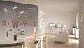 Smart home control concept, hand controlling digital interface from mobile app. Blurred background showing modern living room with