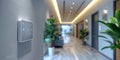 Smart home control panel on a modern wall in a bright hallway with soft lighting and indoor plants Royalty Free Stock Photo