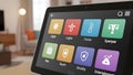 Smart home control panel on tablet device showing app icons for light, temperature, security, entertainment Royalty Free Stock Photo