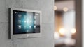 Smart Home Control Panel Touchscreen Interface Mounted on Concrete Wall Royalty Free Stock Photo
