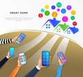 Smart home control technology concept. IOT or intrnet of things. Hands holding smartphone with mobile app for house Royalty Free Stock Photo