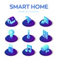 Smart home. 3D isometric icons set. Remote house control system. IOT concept. Smart home connection and control system devices.