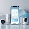 Smart home devices are arranged on a reflective surface. An iPhone with a \