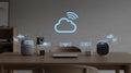 Smart home devices connected to a cloud icon on a table Royalty Free Stock Photo