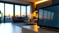 Smart home digital touchscreen panel interface during sunset in a modern living room Royalty Free Stock Photo