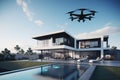 smart home with drone flyover, showcasing its modern and sleek design