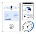 Smart home interface with voice control, temperature settings, pie chart analytics, and clock icon Royalty Free Stock Photo