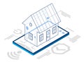 Smart home IOT concept electronics modern house vector isometric illustration, smart security, app distant automated future Royalty Free Stock Photo