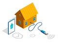 Smart home IOT concept electronics modern house vector isometric illustration, smart security, app distant automated future Royalty Free Stock Photo