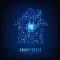 Smart Home or IOT Concept. Future and Innovation Technology Background. Blue Circuit House with CPU inside. Vector