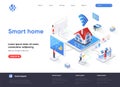 Smart home isometric landing page. Online home control, monitoring and management, house system automatization isometry Royalty Free Stock Photo