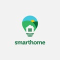 Smart home logo, home landscape and lighting bulb nature logo icon vector template Royalty Free Stock Photo