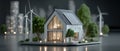 Smart home model with solar panel and wind turbine surrounded by trees and modern cityscape at night Royalty Free Stock Photo