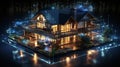 a smart home, networked with electronics, symbolized by glowing lines and nodes located around the house Royalty Free Stock Photo