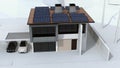 Smart home powered by solar panels and wind turbine. Electric vehicle recharging in garage