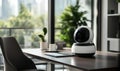 Smart home robot on desk, modern workspace, sleek design, technology integration, greenery in background