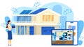 Smart home security connected and control technology system, devices through internet network, cartoon vector