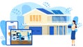 Smart home security connected and control technology system, devices through internet network, cartoon vector