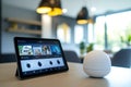 Smart home security system with live feeds displayed on tablet Royalty Free Stock Photo