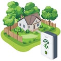 Smart Home Security System with Wireless Intercom and Suburban House Illustration