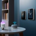 A smart home setup features a wall-mounted touchscreen control panel displaying