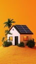 Smart home with solar panels surrounded by greenery and orange background Royalty Free Stock Photo