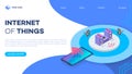 Smart home stereo system landing page vector template with isometric illustration