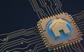 Smart home symbol on circuit board 3d Rendering