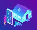 Smart home system concept. 3D isometric remote house control system. IOT concept. Smart home connection and control with devices